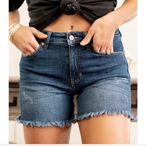 KanCan High Rise Frayed Hem Distressed Jean Shorts Dark Blue Size Small - Picture 1 of 10